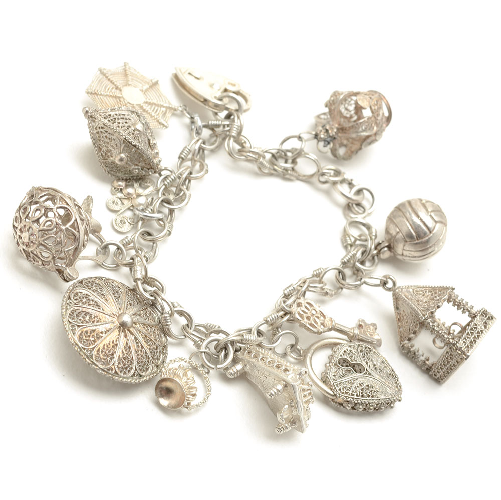 Vintage Sterling Bracelet with Filigree Charms