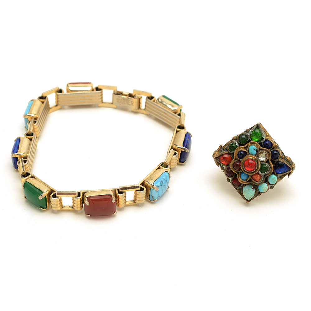 Vintage Warner Bracelet and Costume Ring with Glass Stones