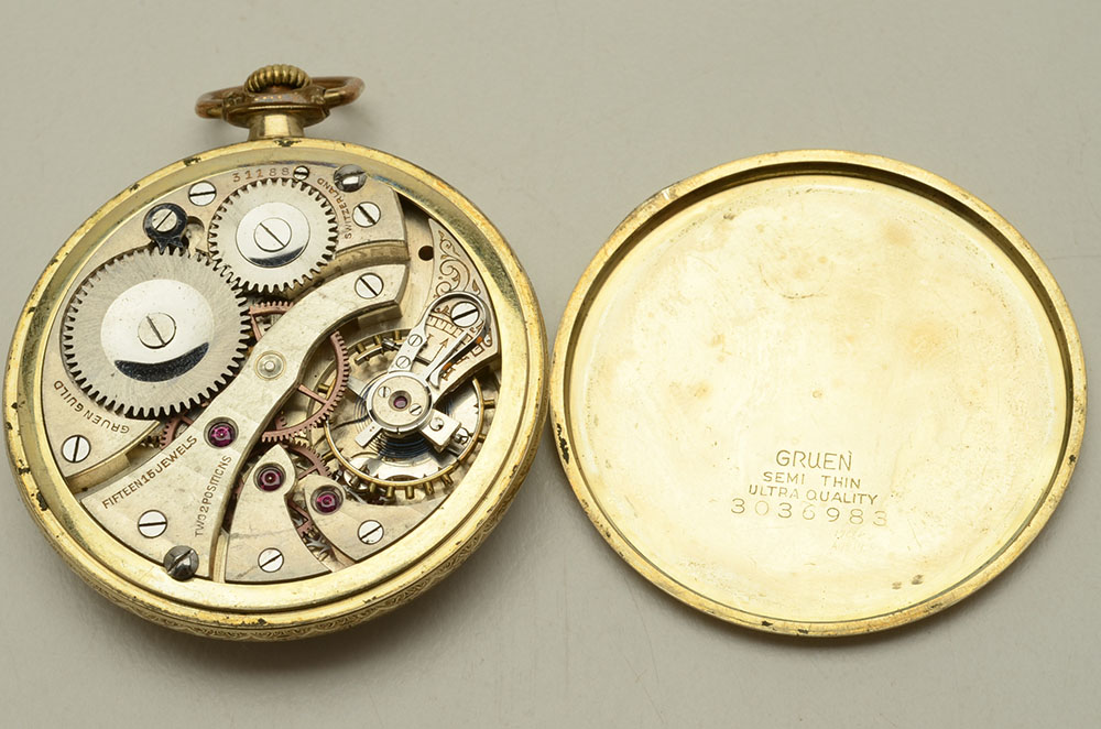 Vintage Gruen SemiThin Pocket Watch and Two Fob Chains