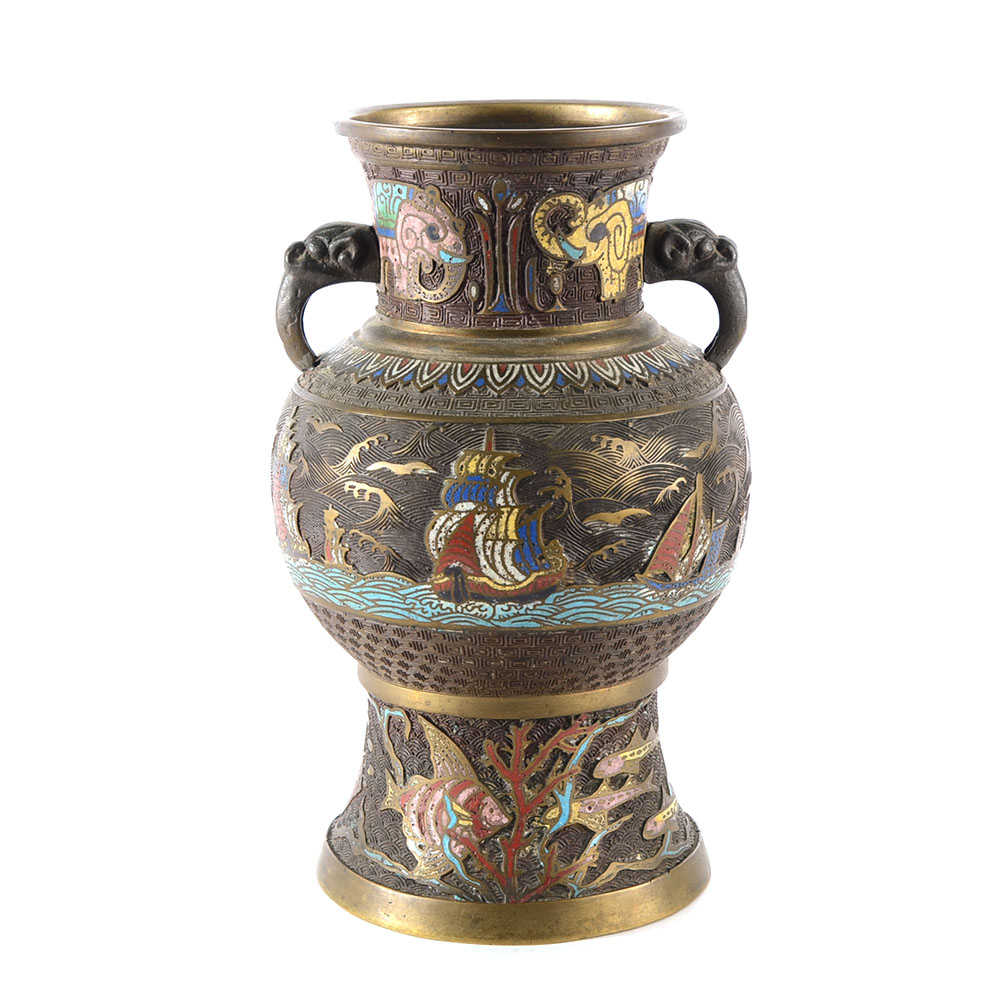 Champlevé Chinese Vase with Fish and Boats