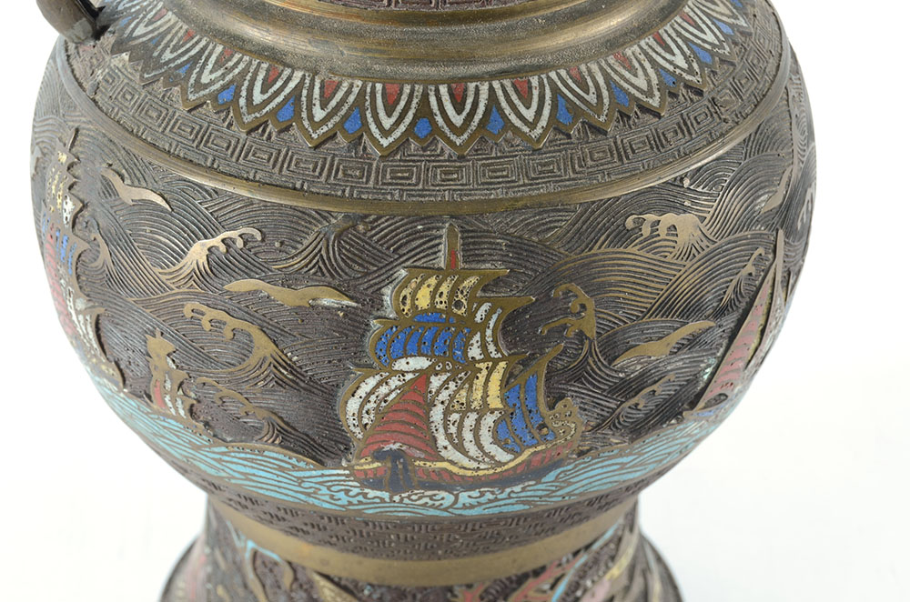 Champlevé Chinese Vase with Fish and Boats