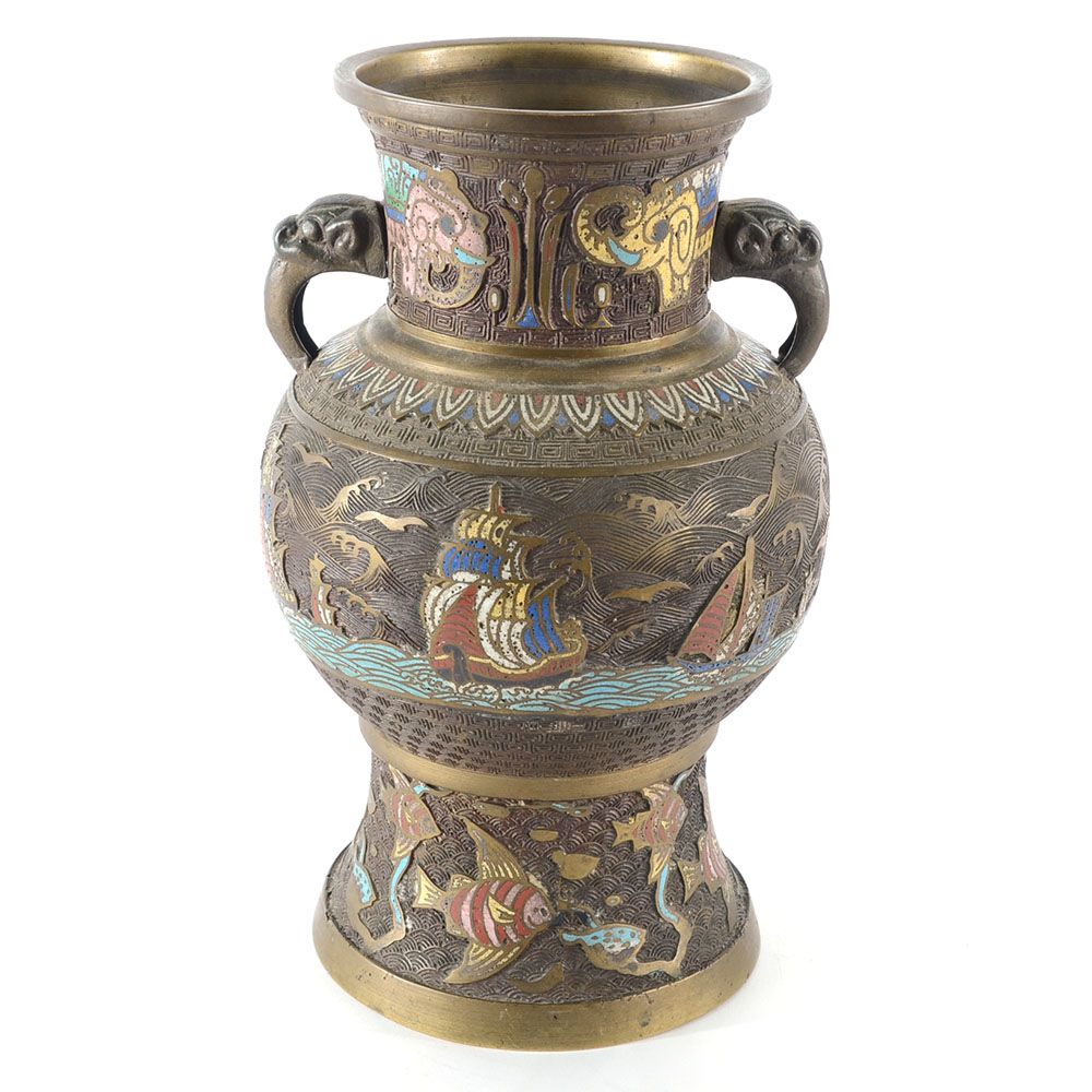 Champlevé Chinese Vase with Fish and Boats