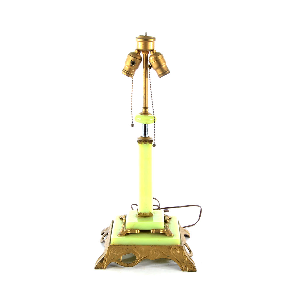 Vintage Cast Iron and Green Glass Lamp