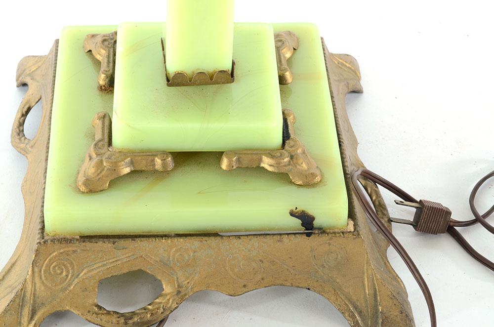 Vintage Cast Iron and Green Glass Lamp