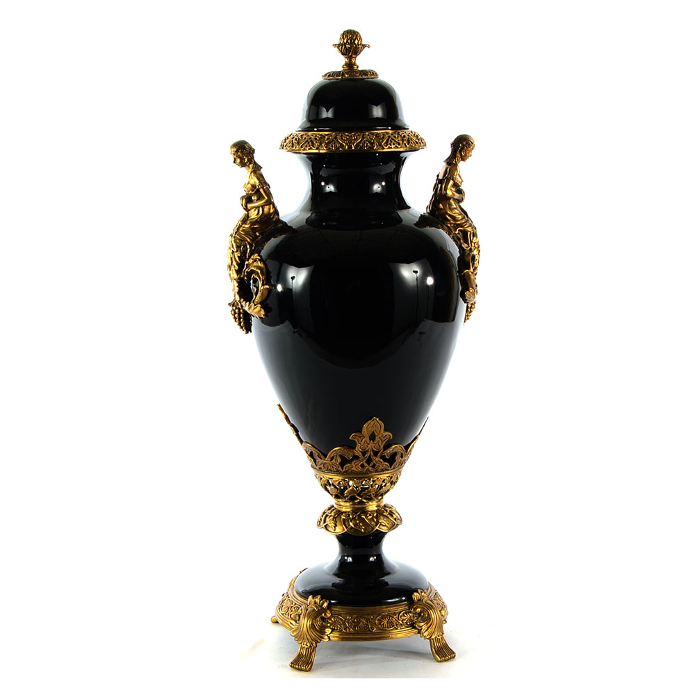 Decorative Black Ceramic and Ormolu Covered Urn