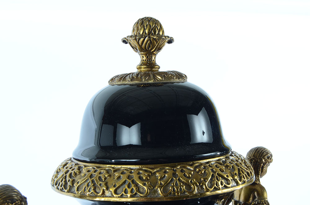 Decorative Black Ceramic and Ormolu Covered Urn