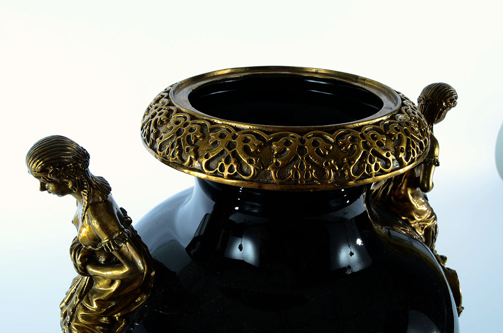 Decorative Black Ceramic and Ormolu Covered Urn