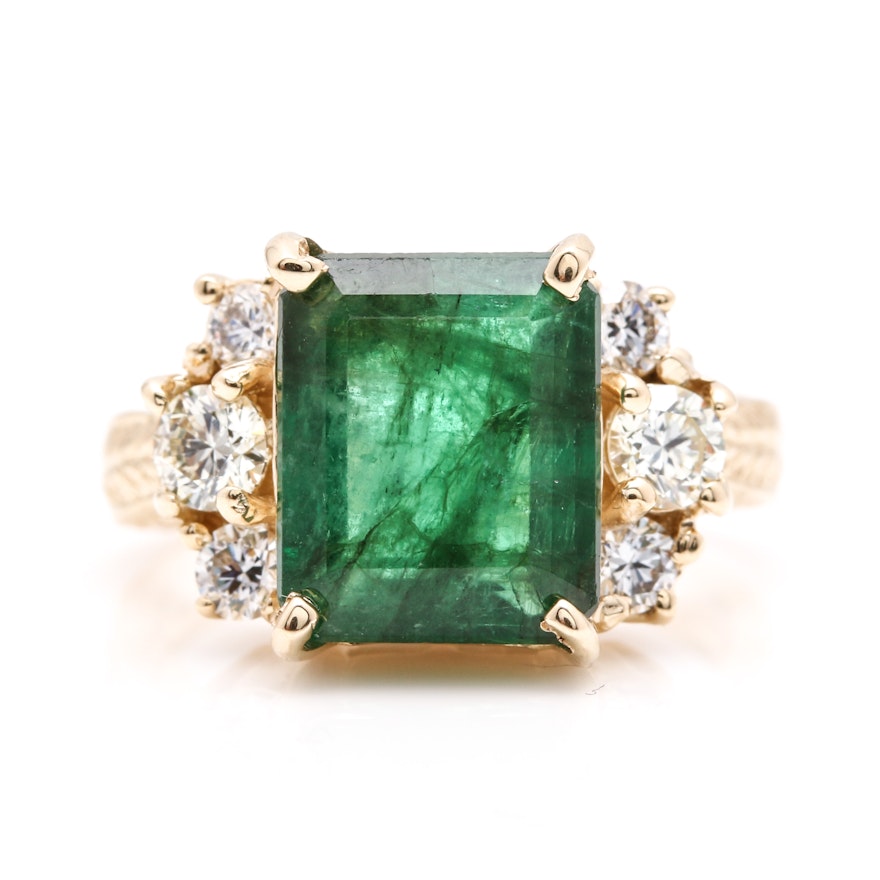 14K Yellow Gold 3.39 CT Emerald and Diamond Statement Ring
