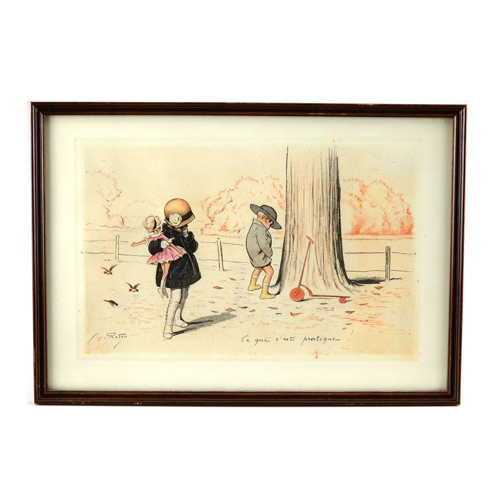 Georges Redon Mezzotint Etching with Aquatint "Ce que c'est Pratique!"