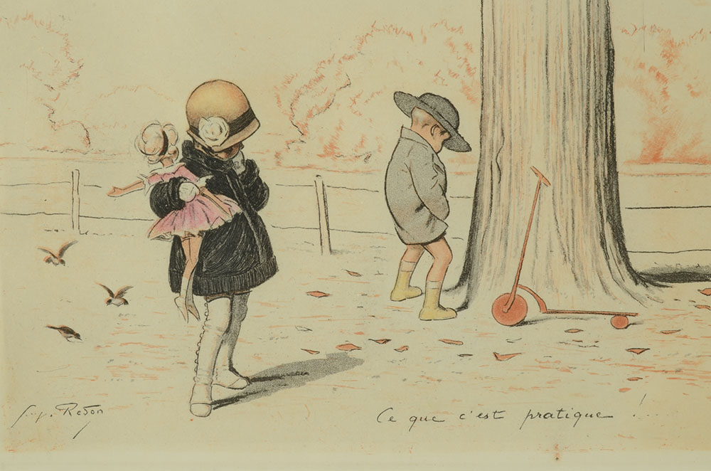 Georges Redon Mezzotint Etching with Aquatint "Ce que c'est Pratique!"