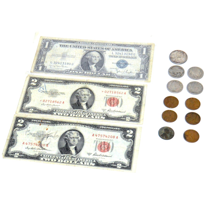 Buffalo and Liberty Nickels, $2 U.S. Star Note, & $1 Silver Note