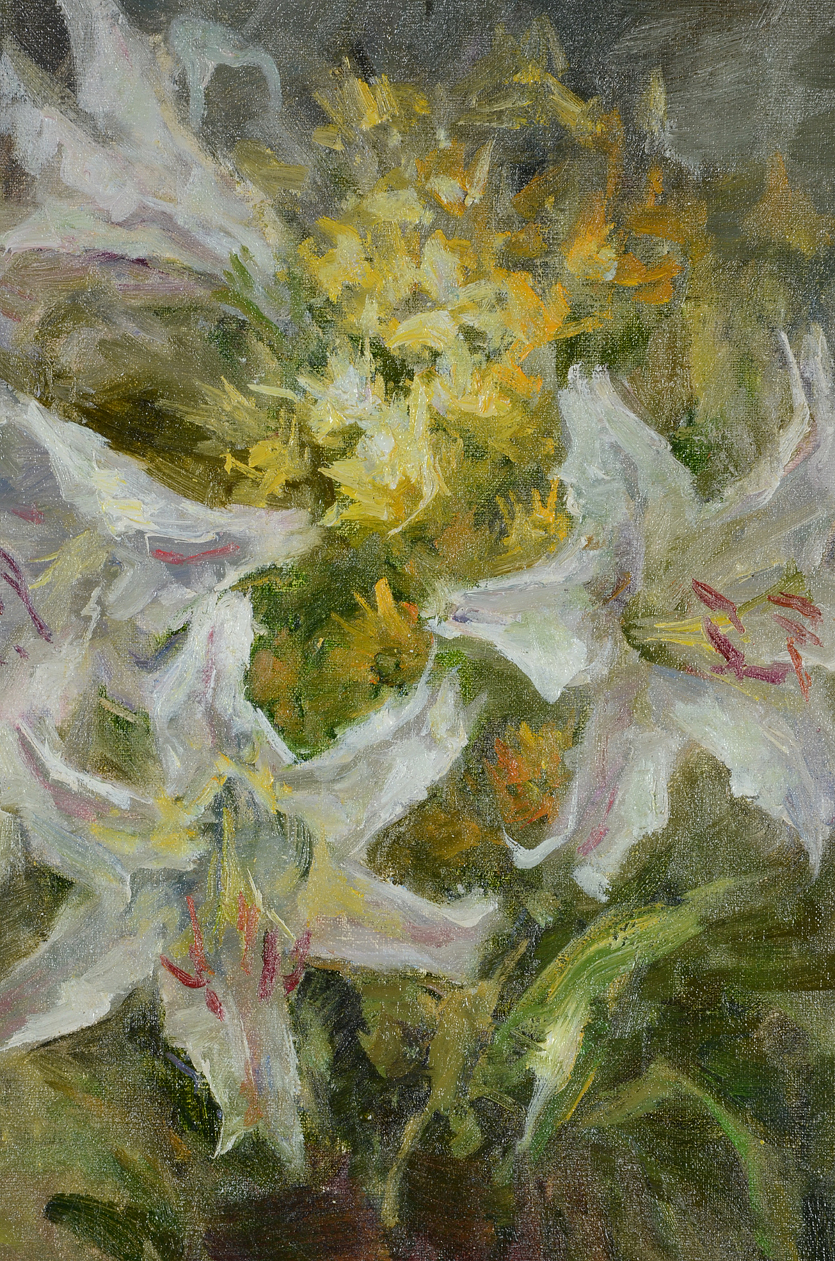 Jin Xin Original Oil Still Life of Lilies on Canvas