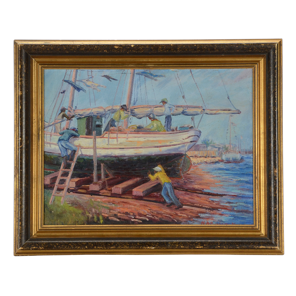 H.A. Burnham Original 1935 Oil on Board Harbor Painting