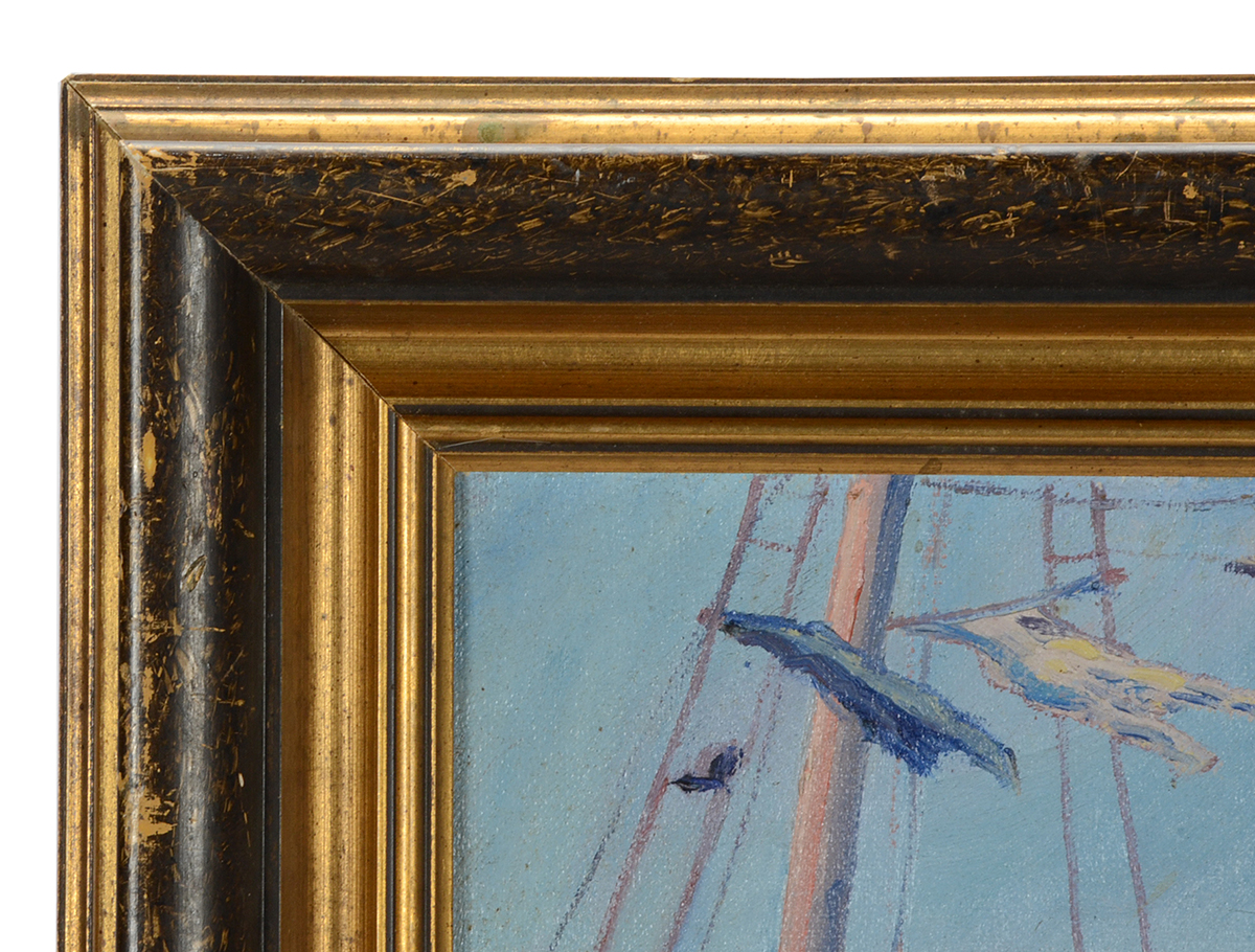 H.A. Burnham Original 1935 Oil on Board Harbor Painting