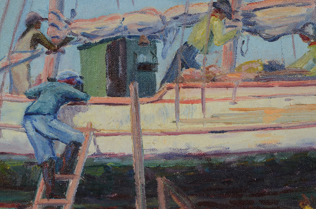 H.A. Burnham Original 1935 Oil on Board Harbor Painting