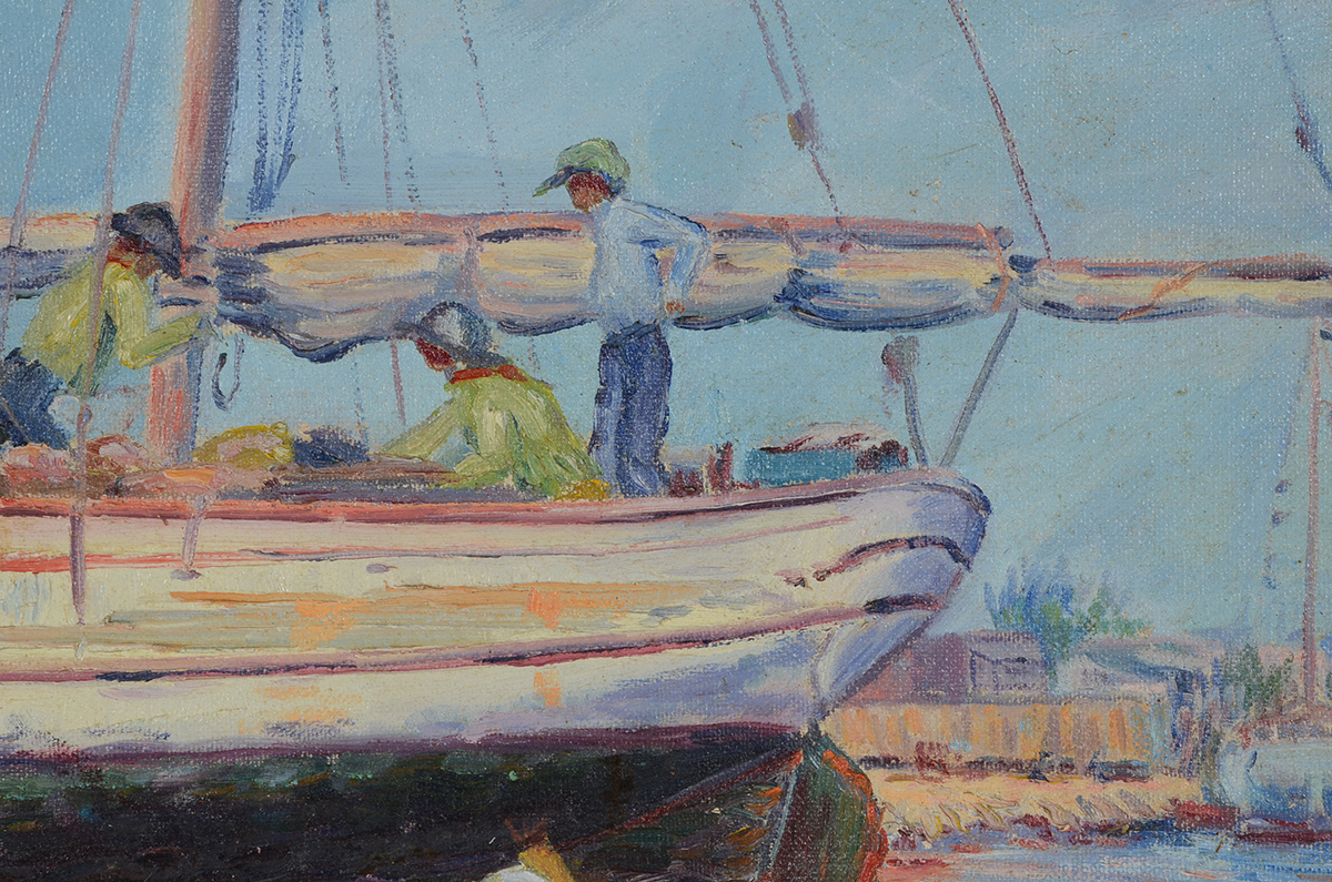 H.A. Burnham Original 1935 Oil on Board Harbor Painting