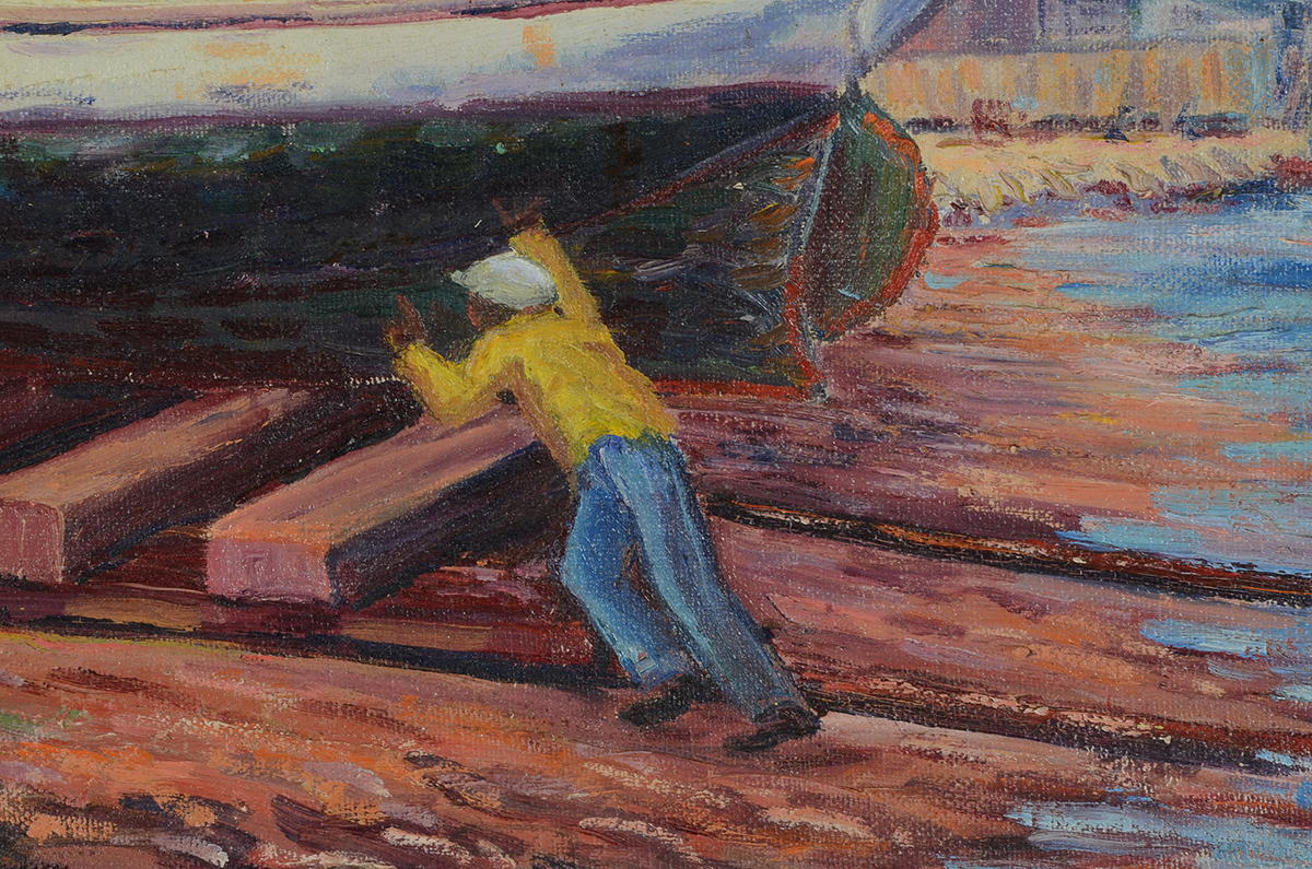 H.A. Burnham Original 1935 Oil on Board Harbor Painting