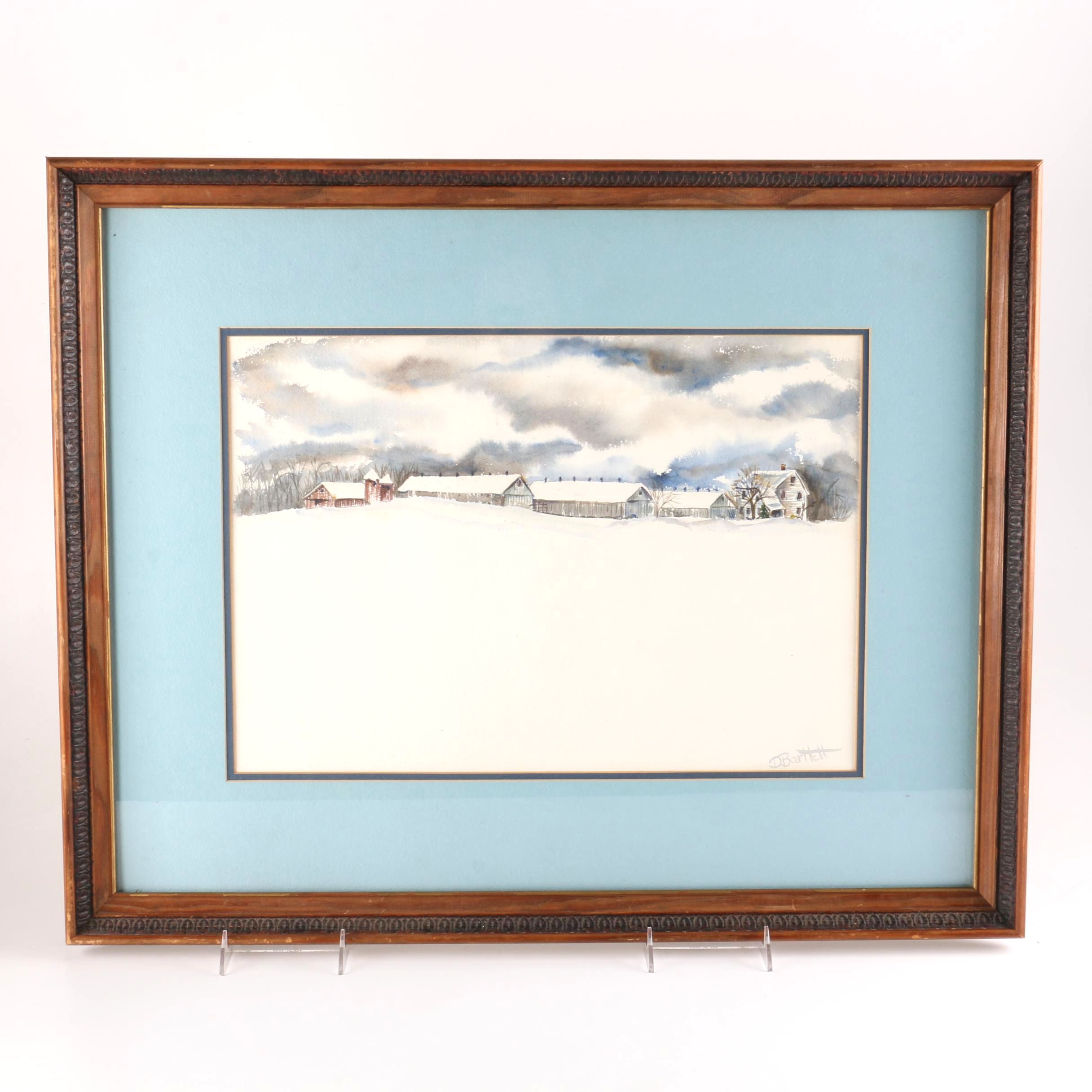 Doe Bartlett Watercolor Painting on Paper "Easthampton Tobacco Barns"