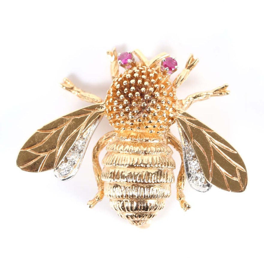14K Gold Neoclassical Bee Brooch with Ruby Eyes and Diamond Set Wings