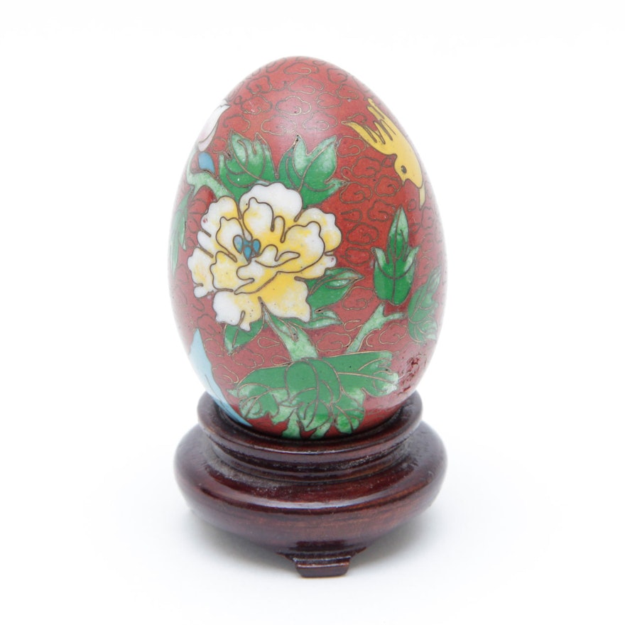Chinese Cloisonné Egg with Wooden Stand in Box