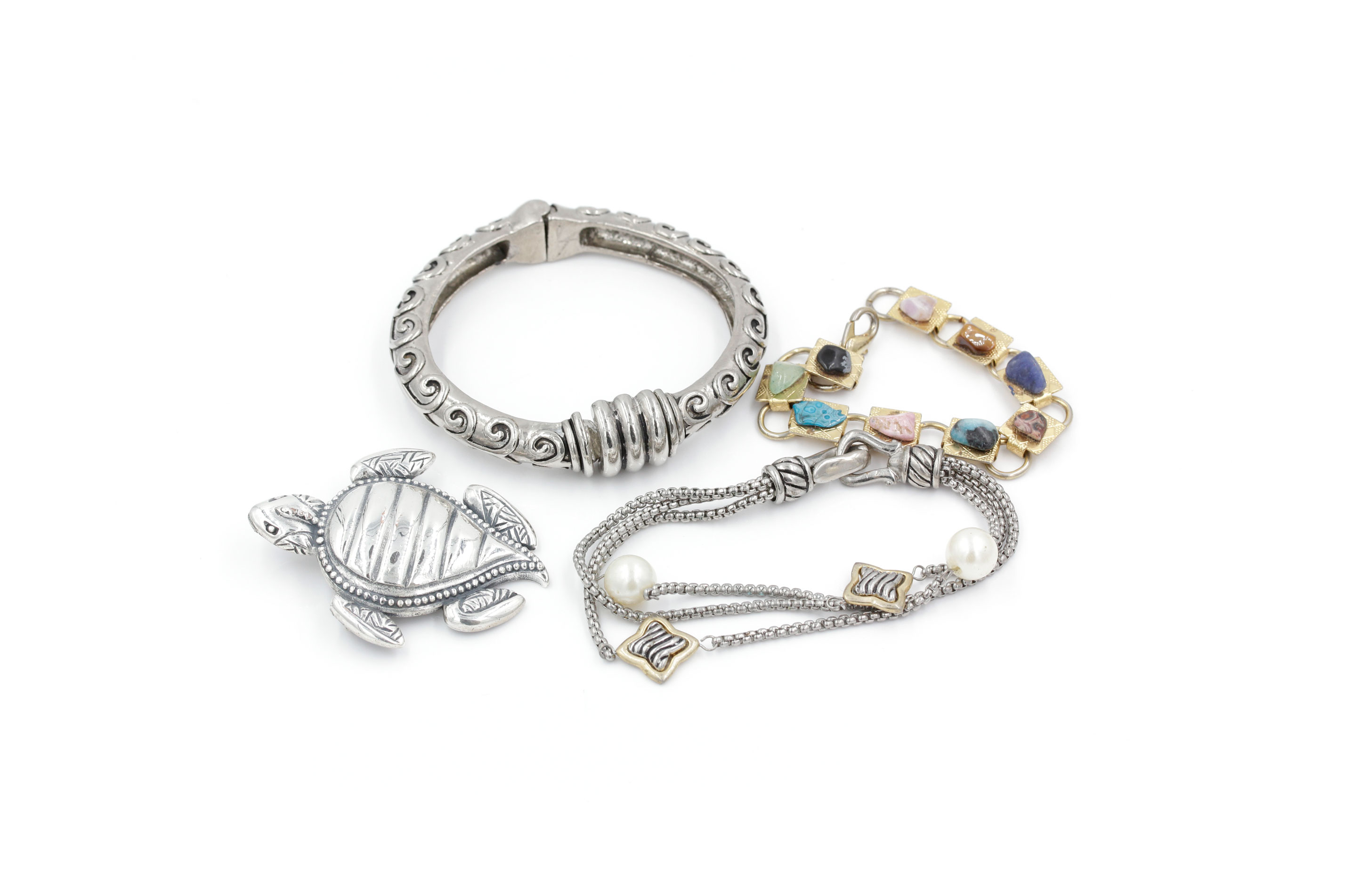 Three Fashion Bracelets and Turtle Brooch