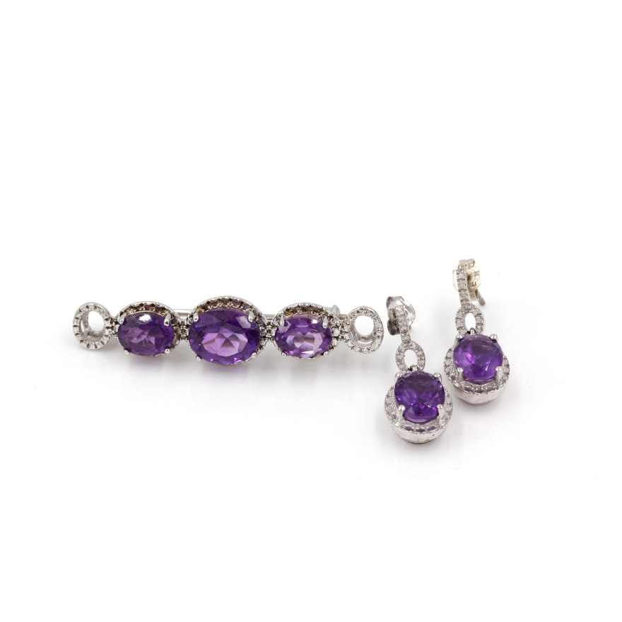 Sterling Silver and Amethyst Earrings and Brooch