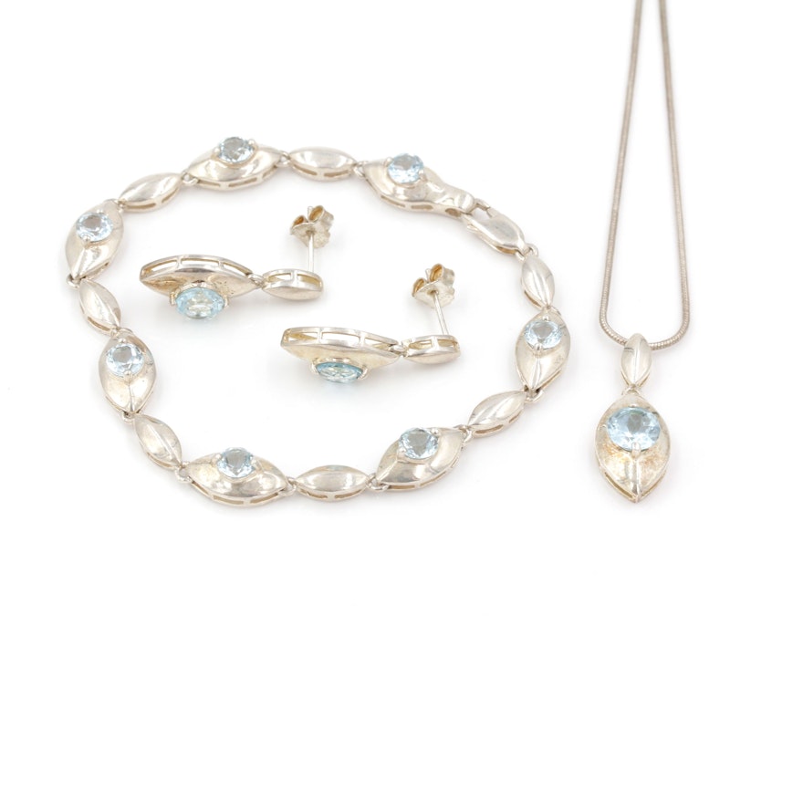 Sterling Silver and Blue Topaz Necklace, Bracelet and Earrings Set