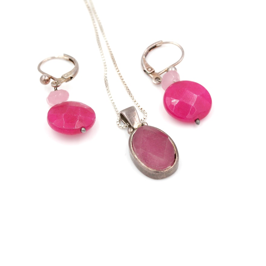 Sterling Silver Necklace and Base Metal Earrings with Dyed Quartzite