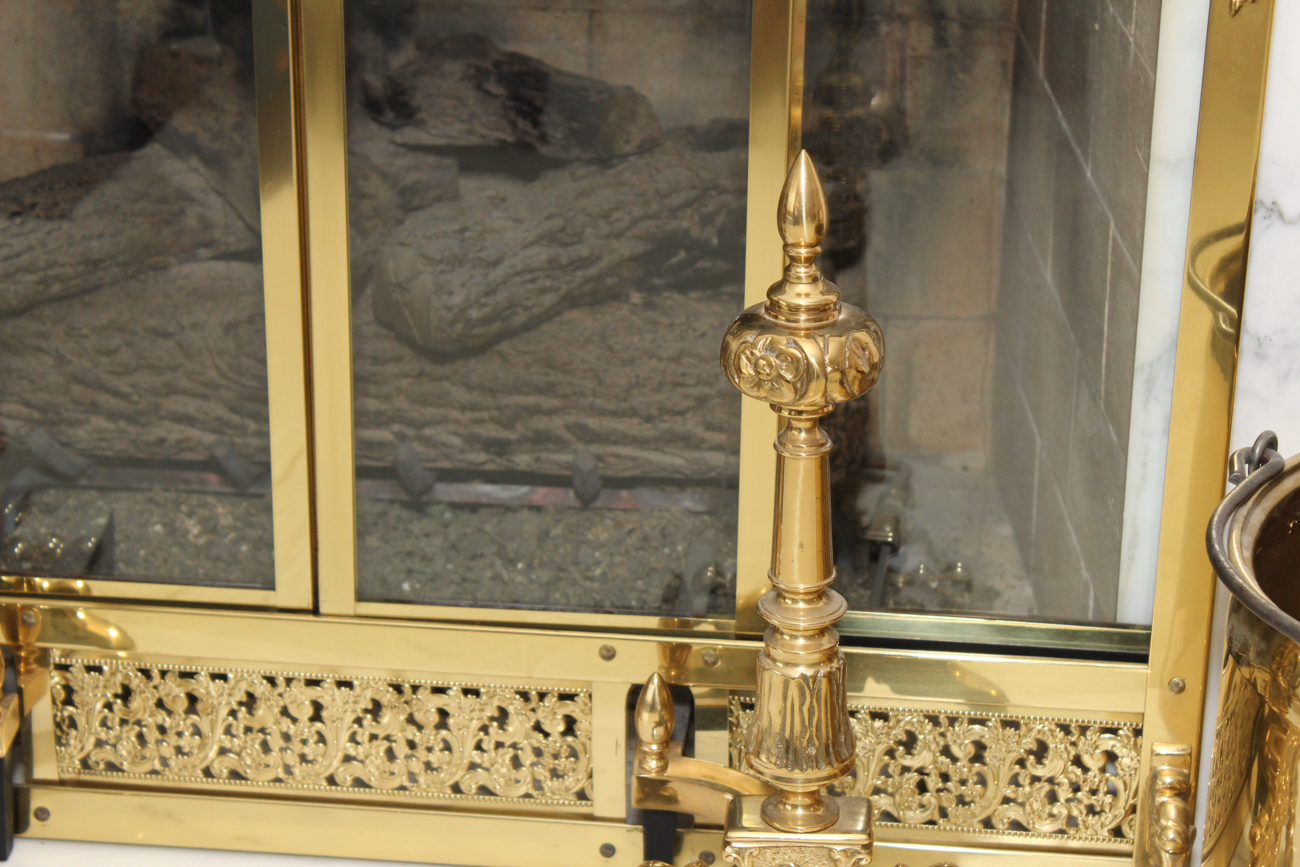 Solid Brass Fireplace Screen With Andirons And Various Accessories