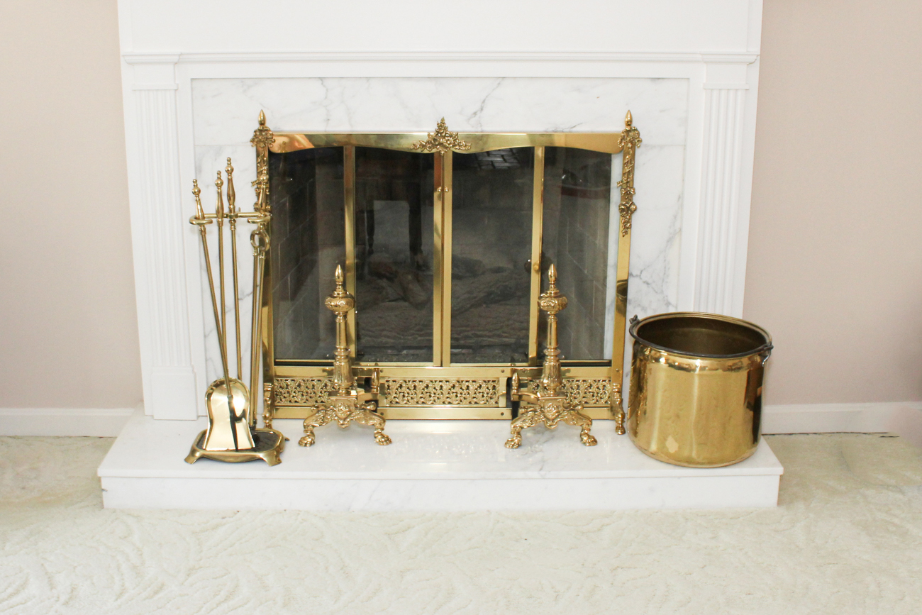 Solid Brass Fireplace Screen With Andirons And Various Accessories