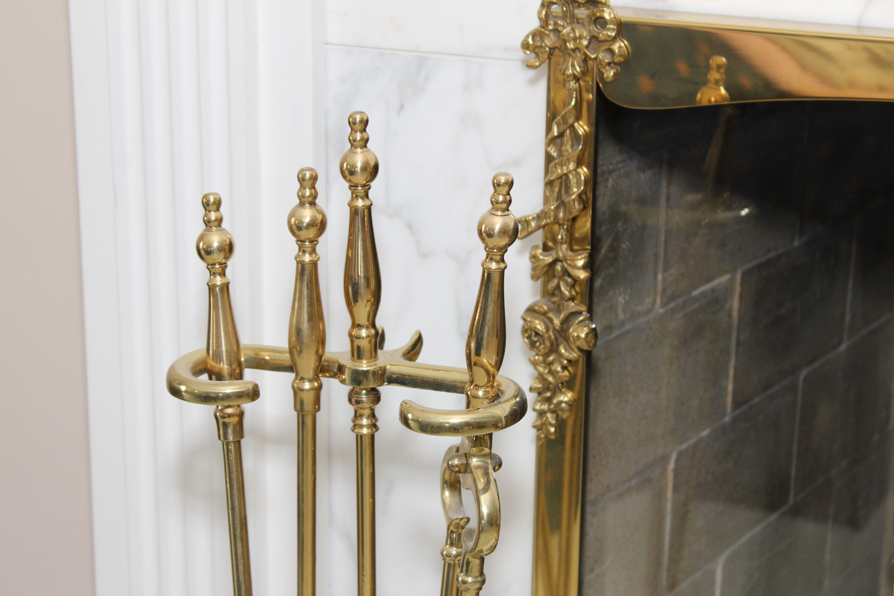 Solid Brass Fireplace Screen With Andirons And Various Accessories