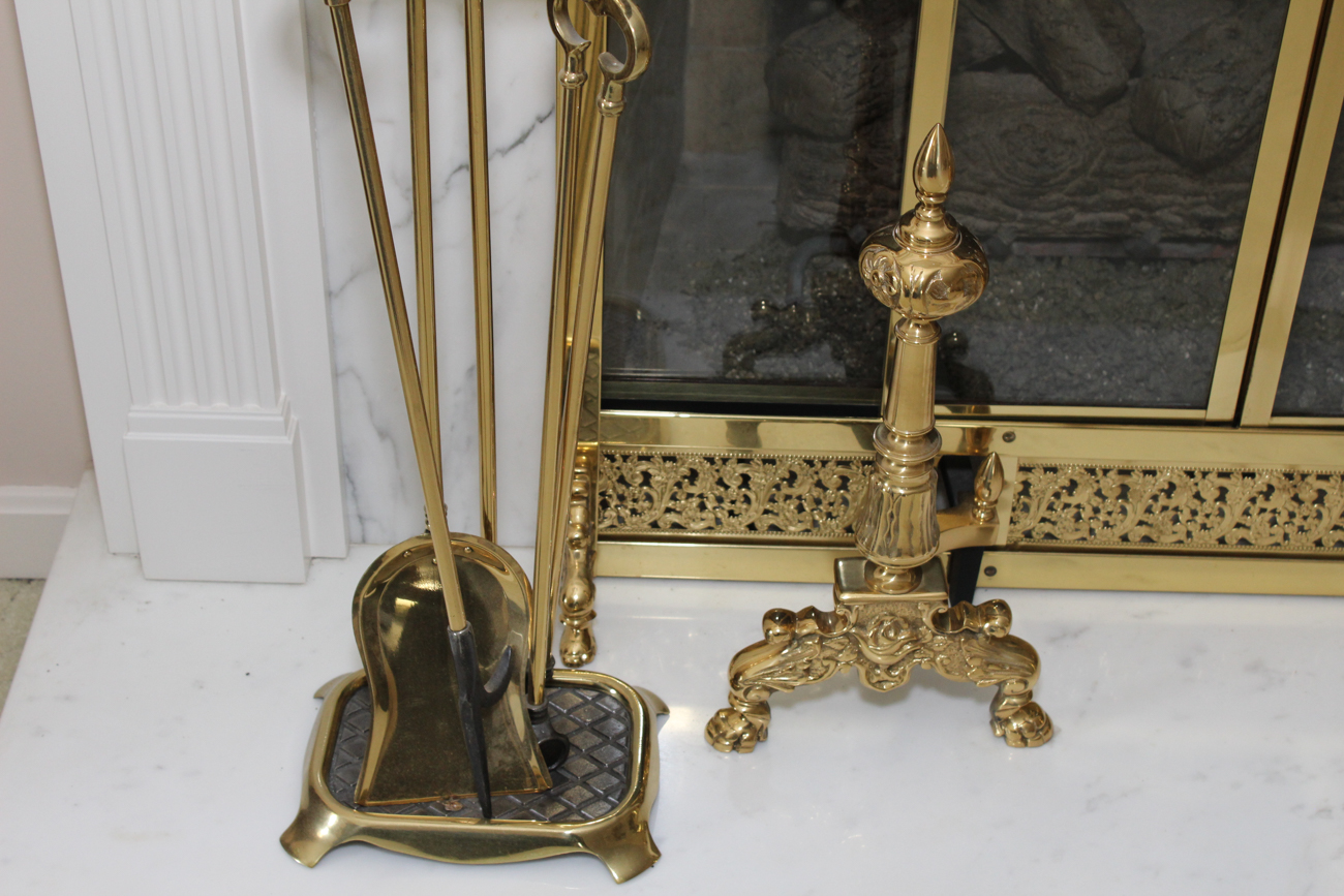 Solid Brass Fireplace Screen With Andirons And Various Accessories