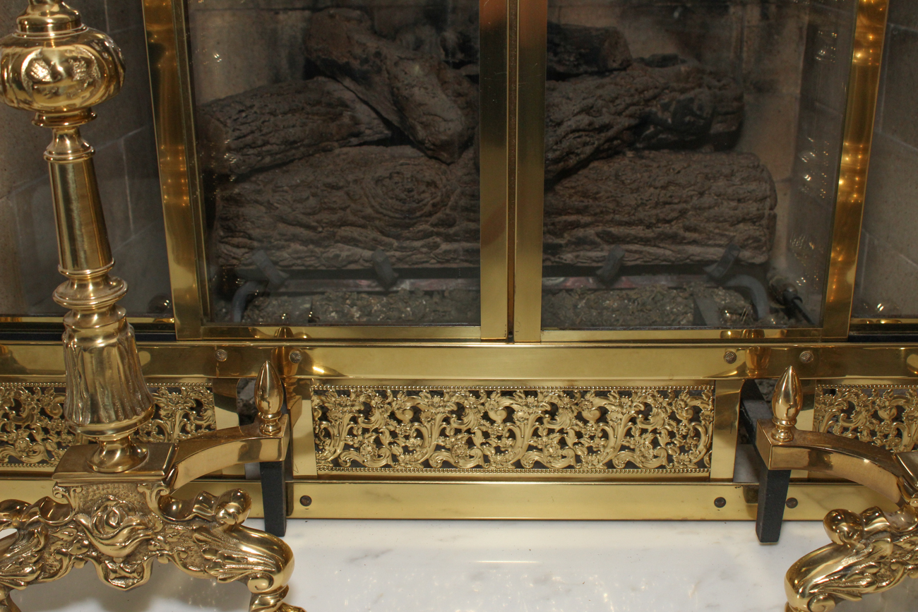 Solid Brass Fireplace Screen With Andirons And Various Accessories