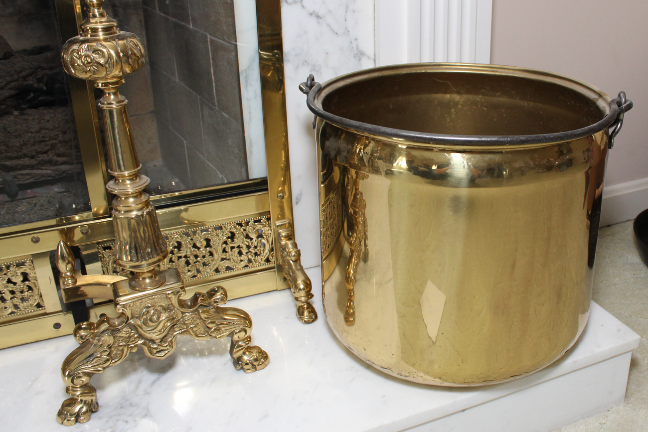 Solid Brass Fireplace Screen With Andirons And Various Accessories