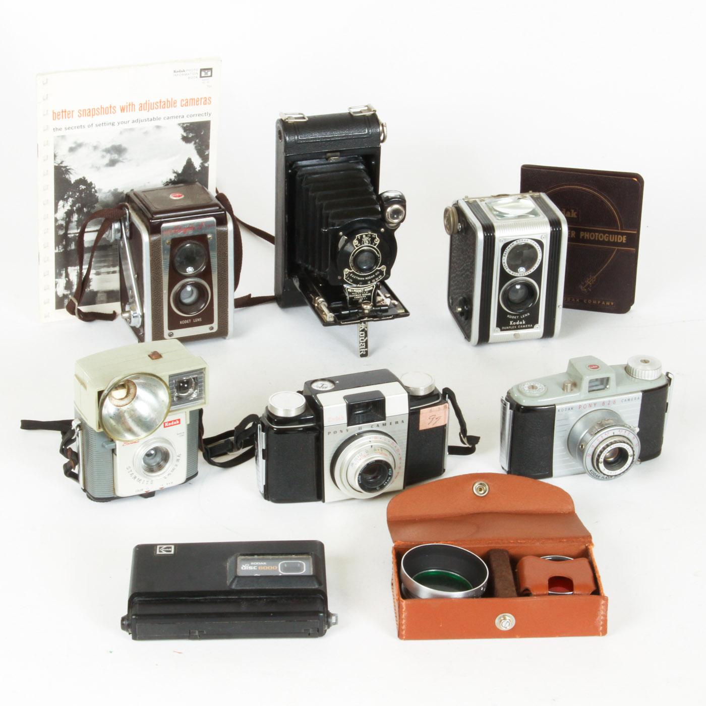 Collection of Vintage Kodak Cameras, Booklet and Set of Filters