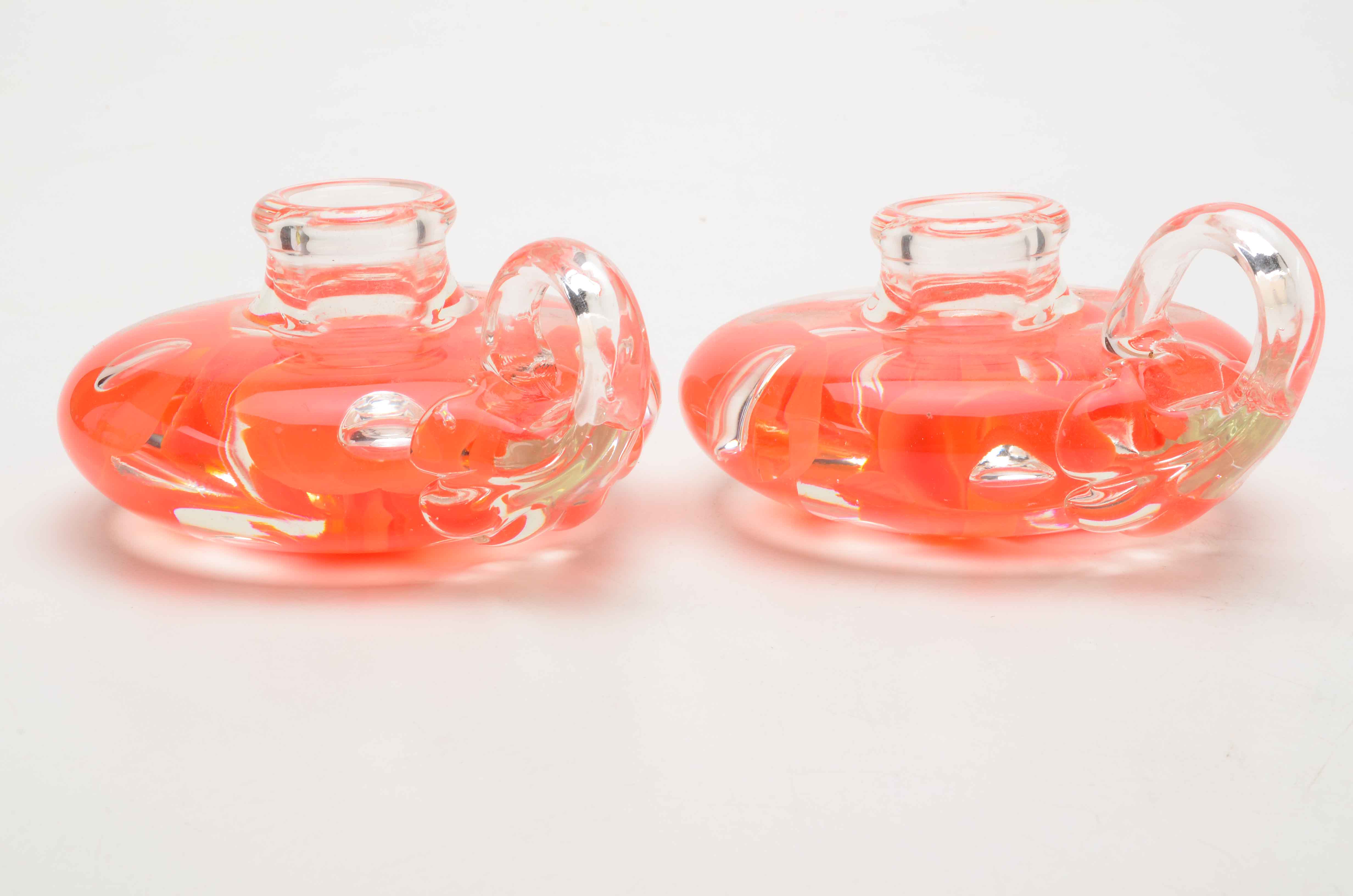 Signed Joe St Clair Art Glass Candleholders