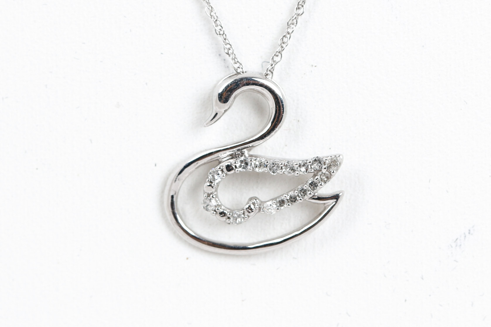 10K White Gold and Diamond Swan Pendant Necklace