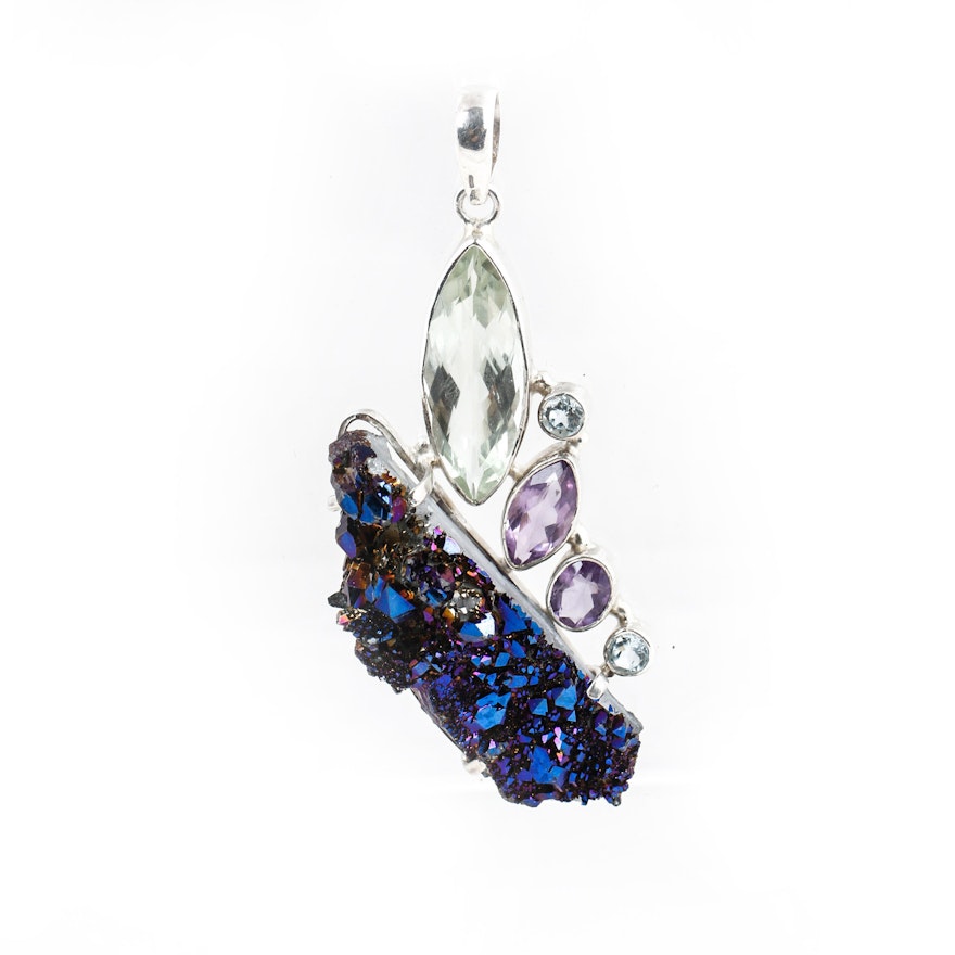 Sterling Silver Quartz, Blue Topaz, and Aqua Aura Quartz Pendant