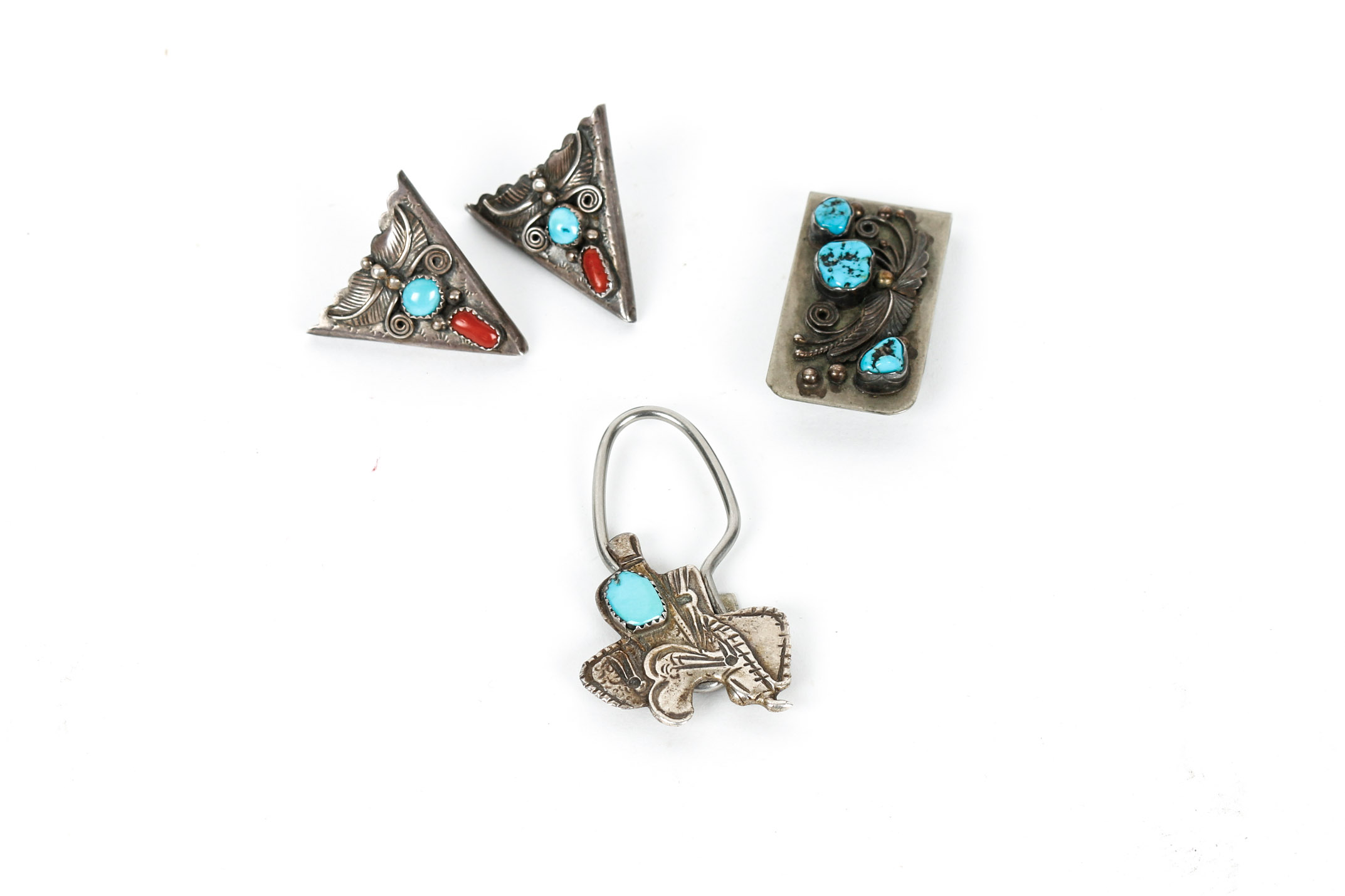 Sterling Silver Collar Clip with Turquoise and Coral, Money Clip and Key Holder