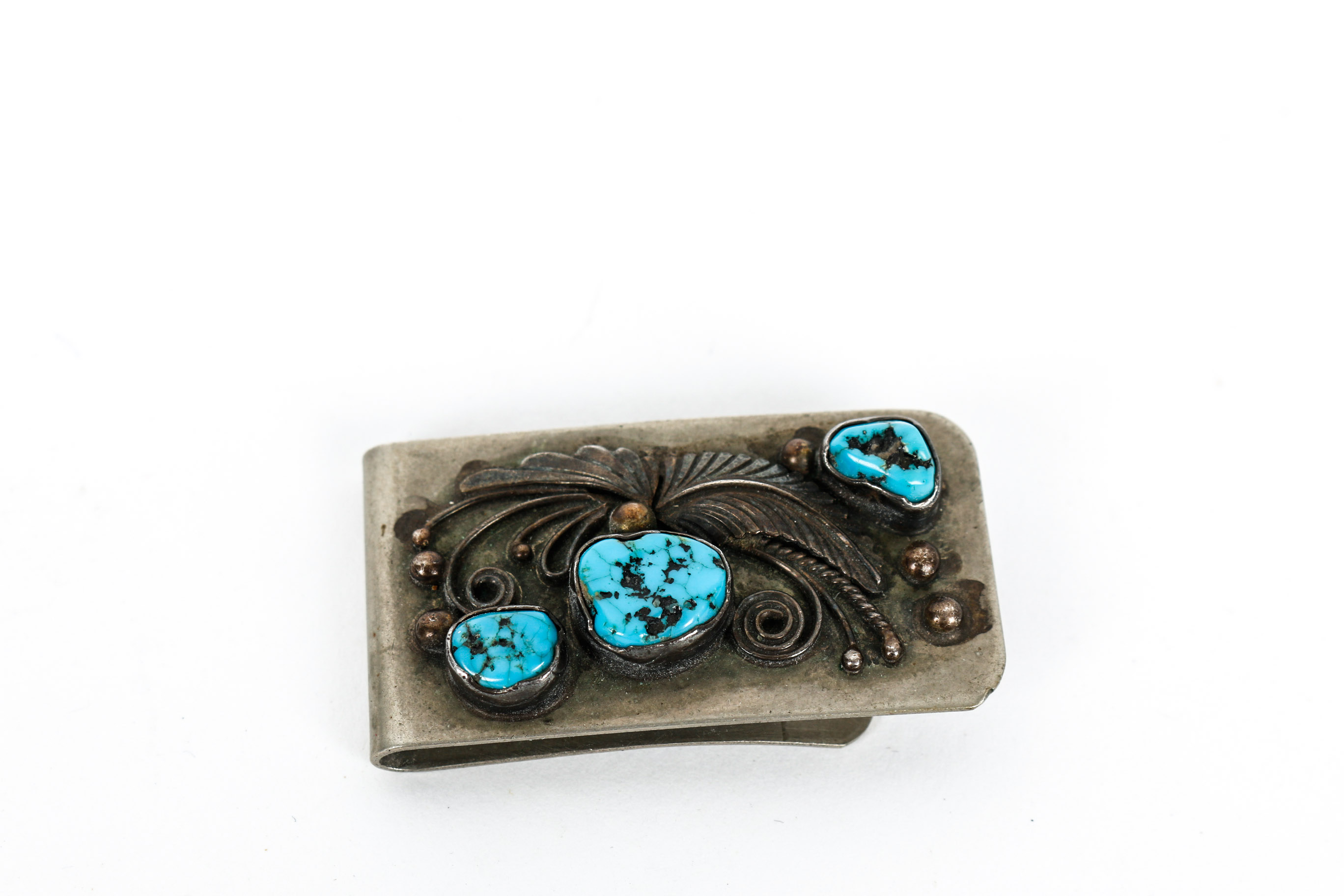 Sterling Silver Collar Clip with Turquoise and Coral, Money Clip and Key Holder