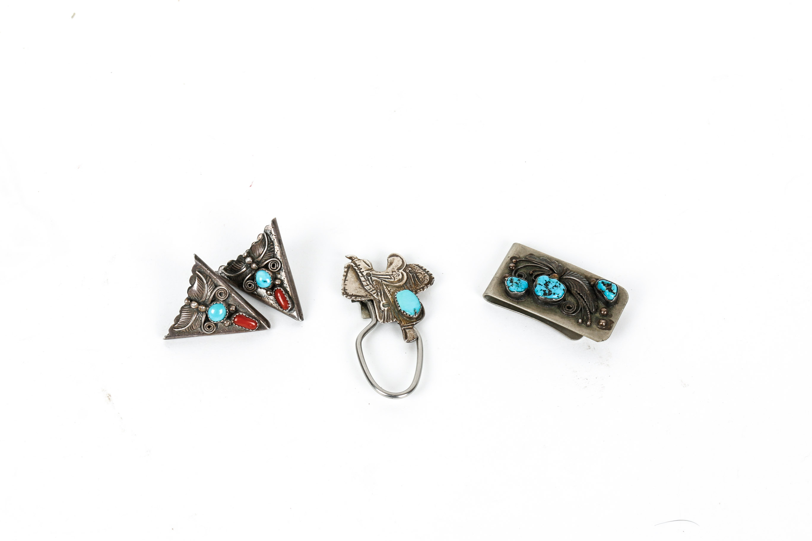 Sterling Silver Collar Clip with Turquoise and Coral, Money Clip and Key Holder