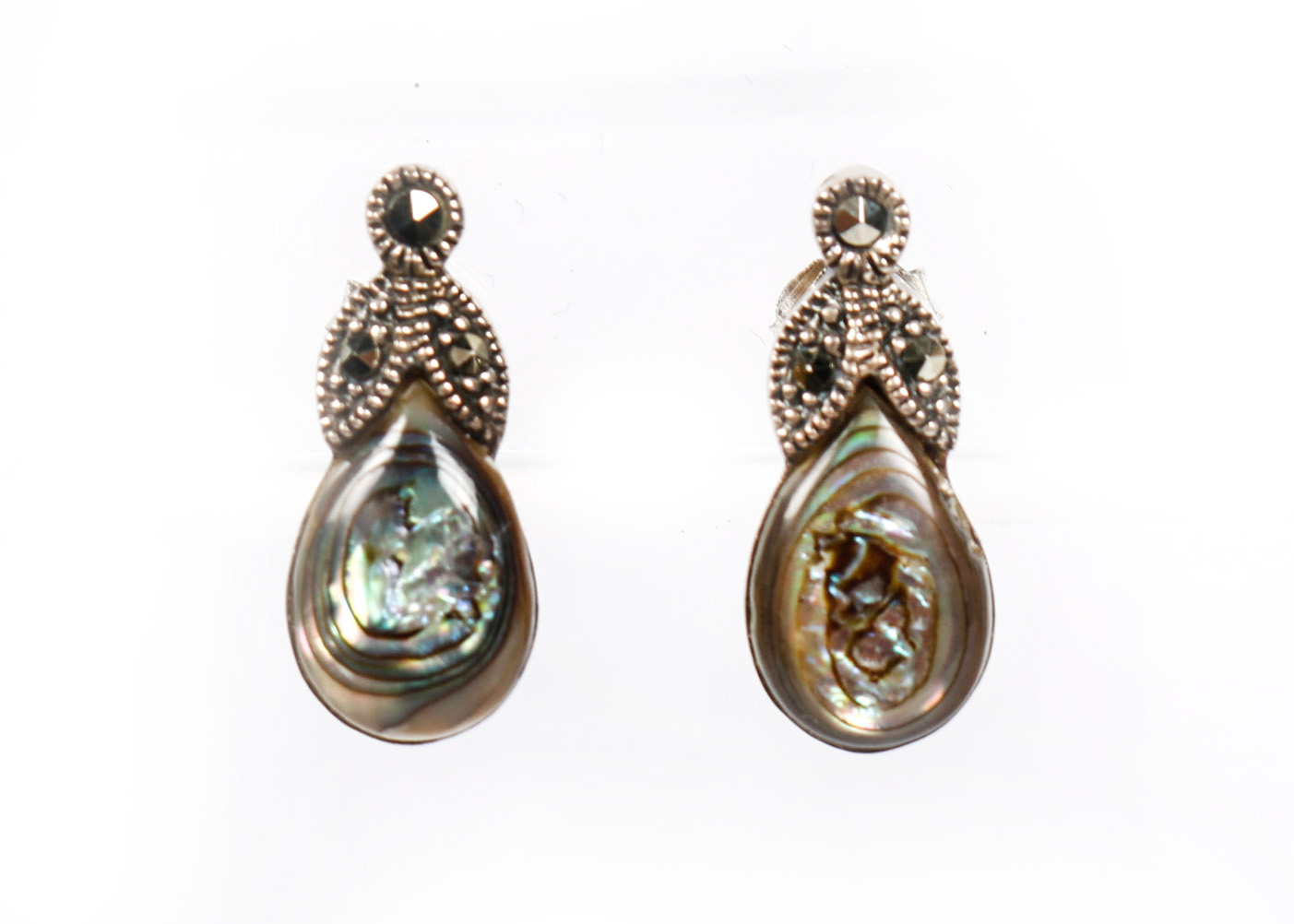 Sterling and Abalone Bracelet with Marcasite Earrings and Necklace with Pendant