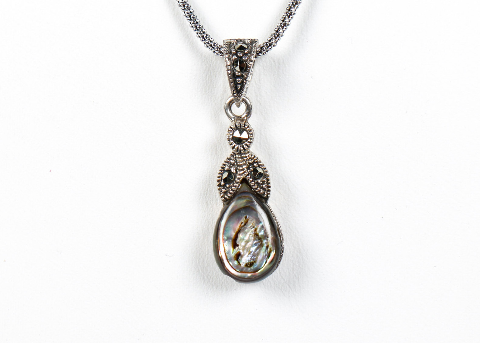 Sterling and Abalone Bracelet with Marcasite Earrings and Necklace with Pendant