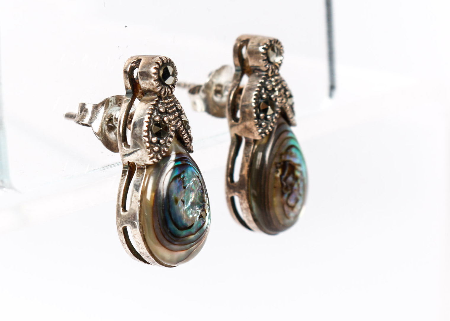 Sterling and Abalone Bracelet with Marcasite Earrings and Necklace with Pendant