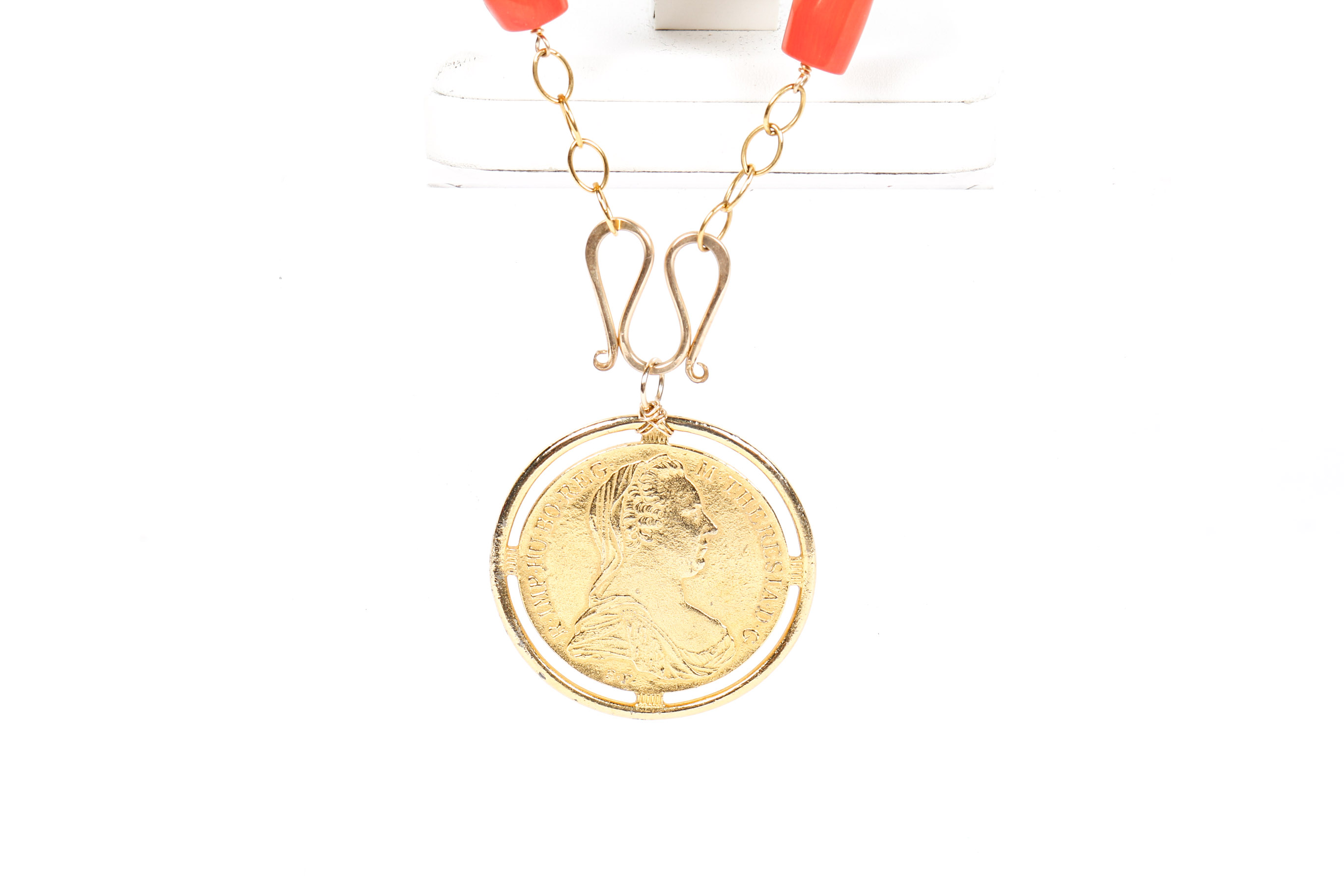 Chanel Earrings With a Coral Coin Pendant Necklace