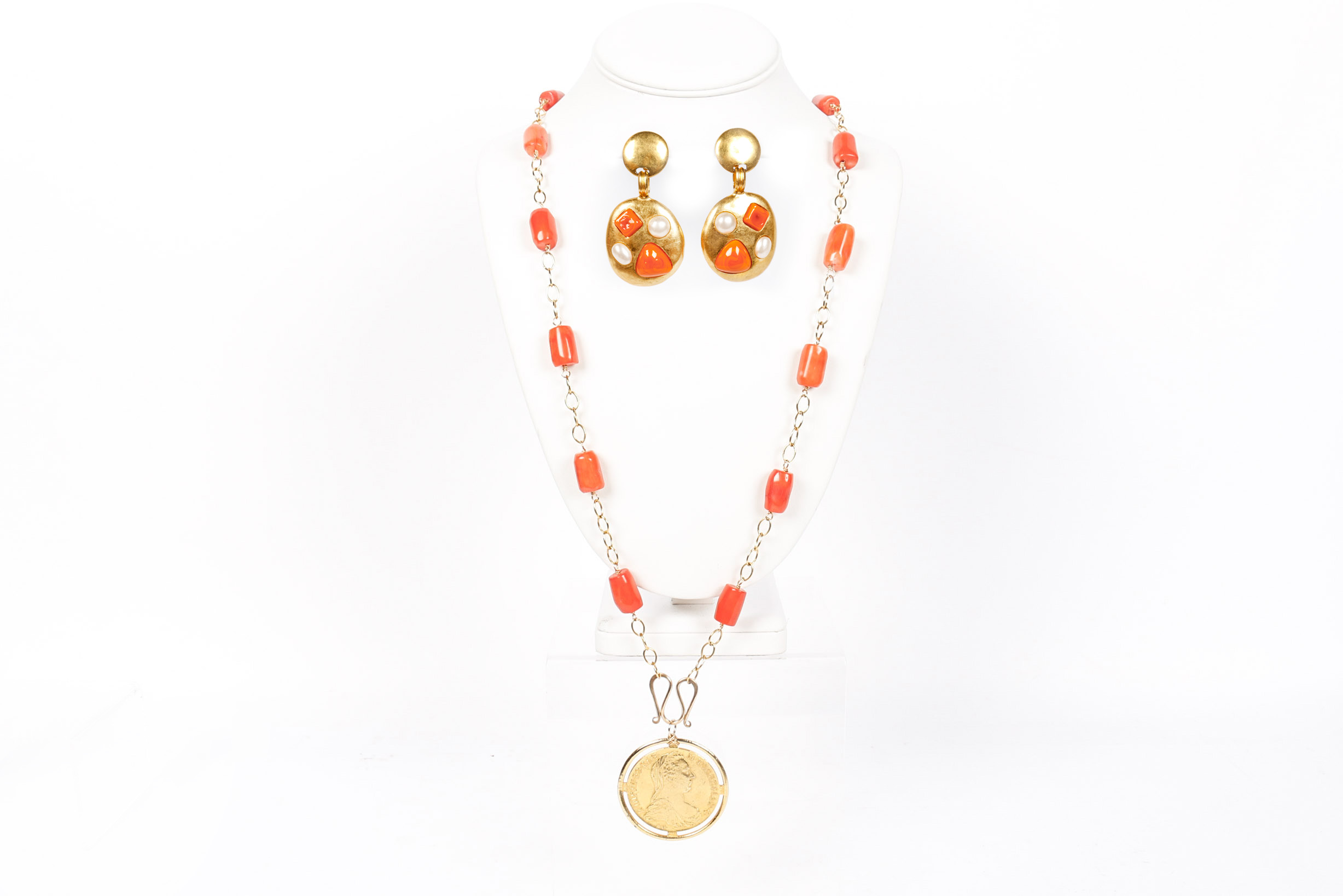 Chanel Earrings With a Coral Coin Pendant Necklace