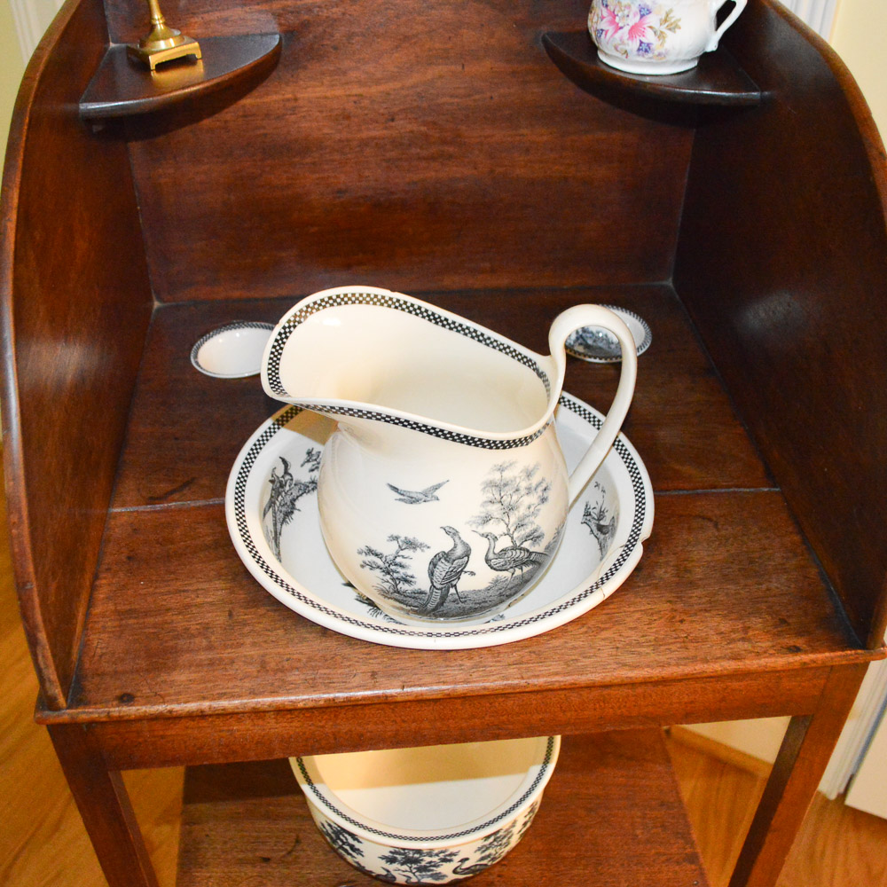 Vintage Walnut Washstand With Wedgwood Wash Bowl and Chamber Pot