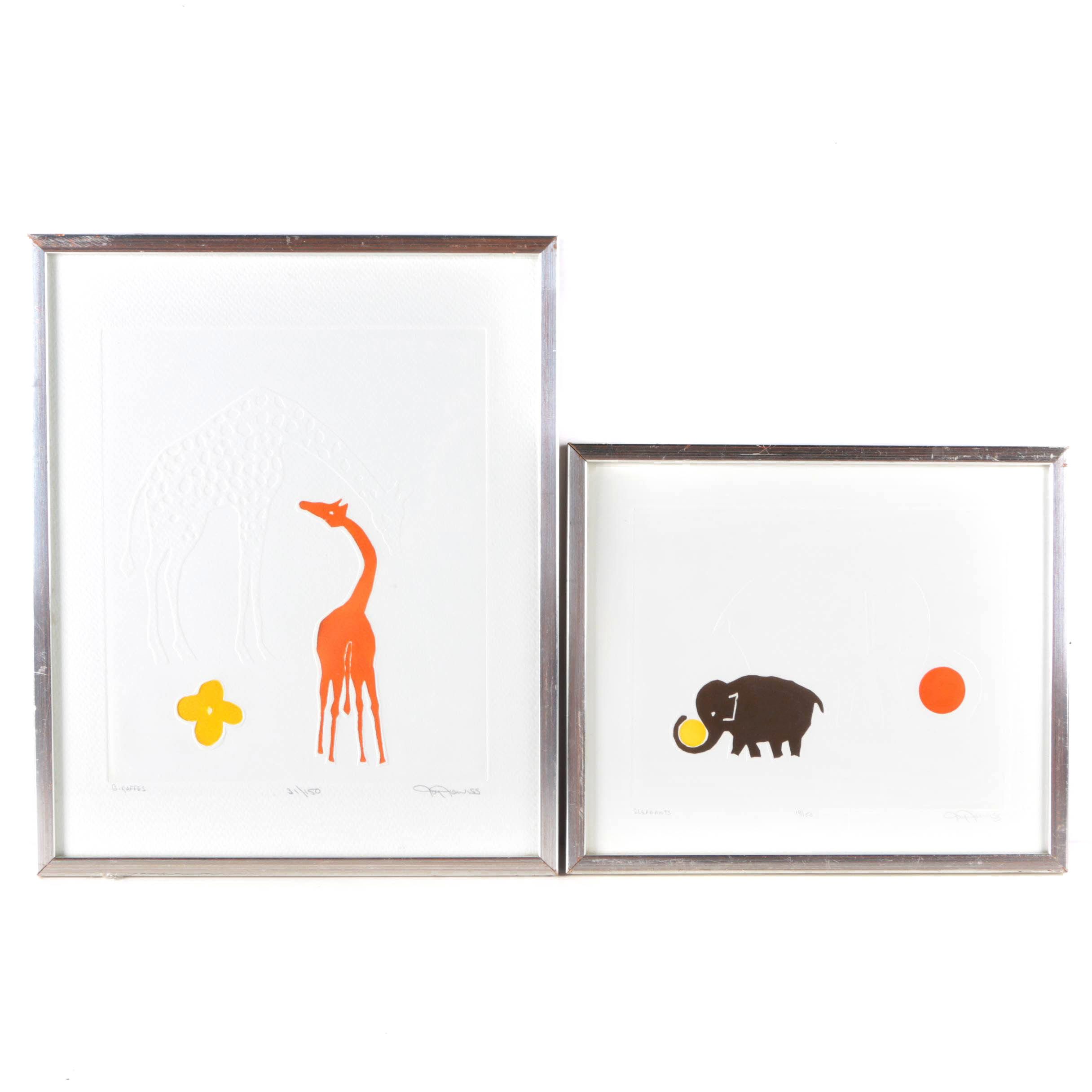 Two Signed Limited Edition Embossed Relief Prints "Giraffes" and "Elephants