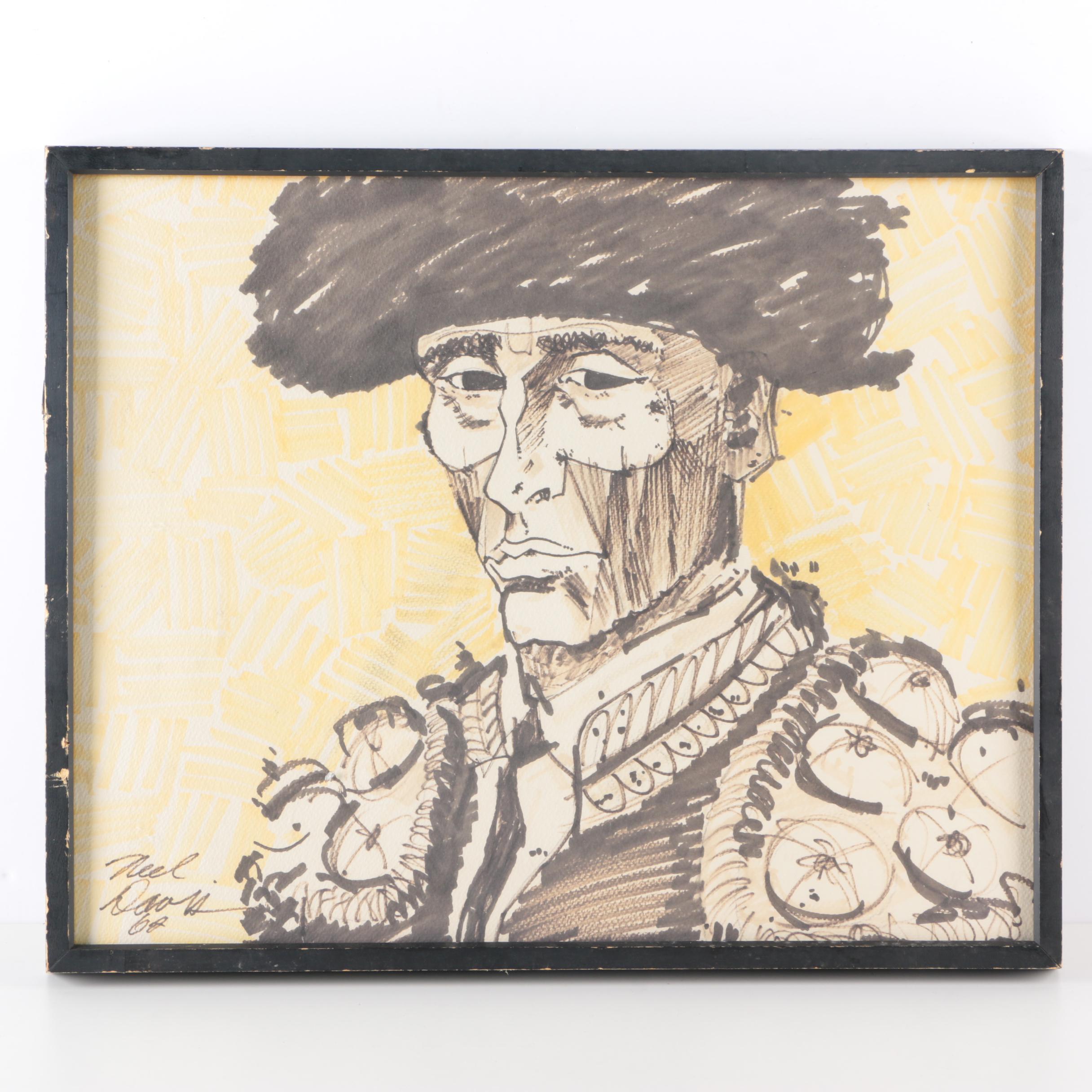 Neil Davis Pen and Ink Drawing on Paper