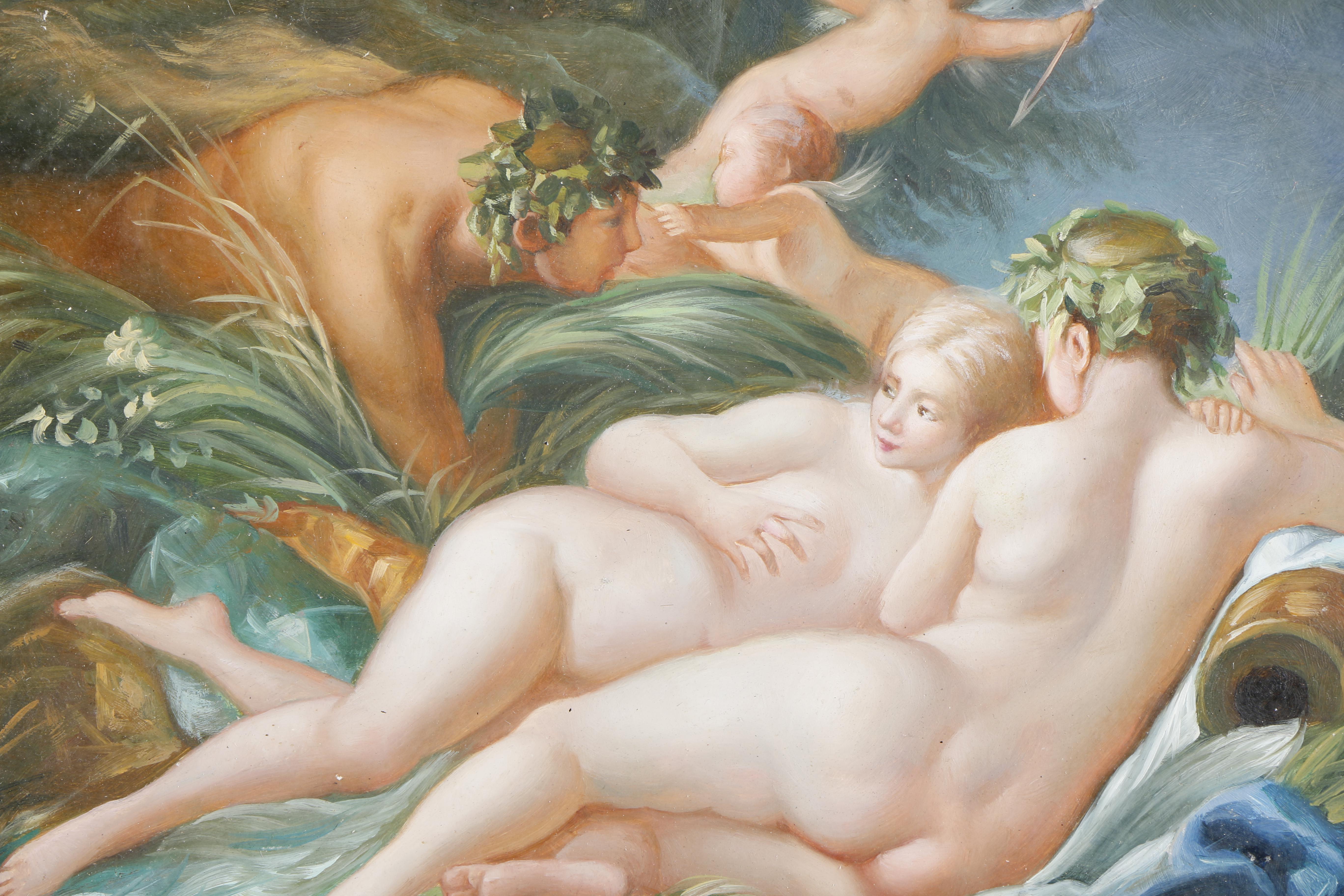 Initialed Oil on Board Painting of Nude Figures and Cherubs